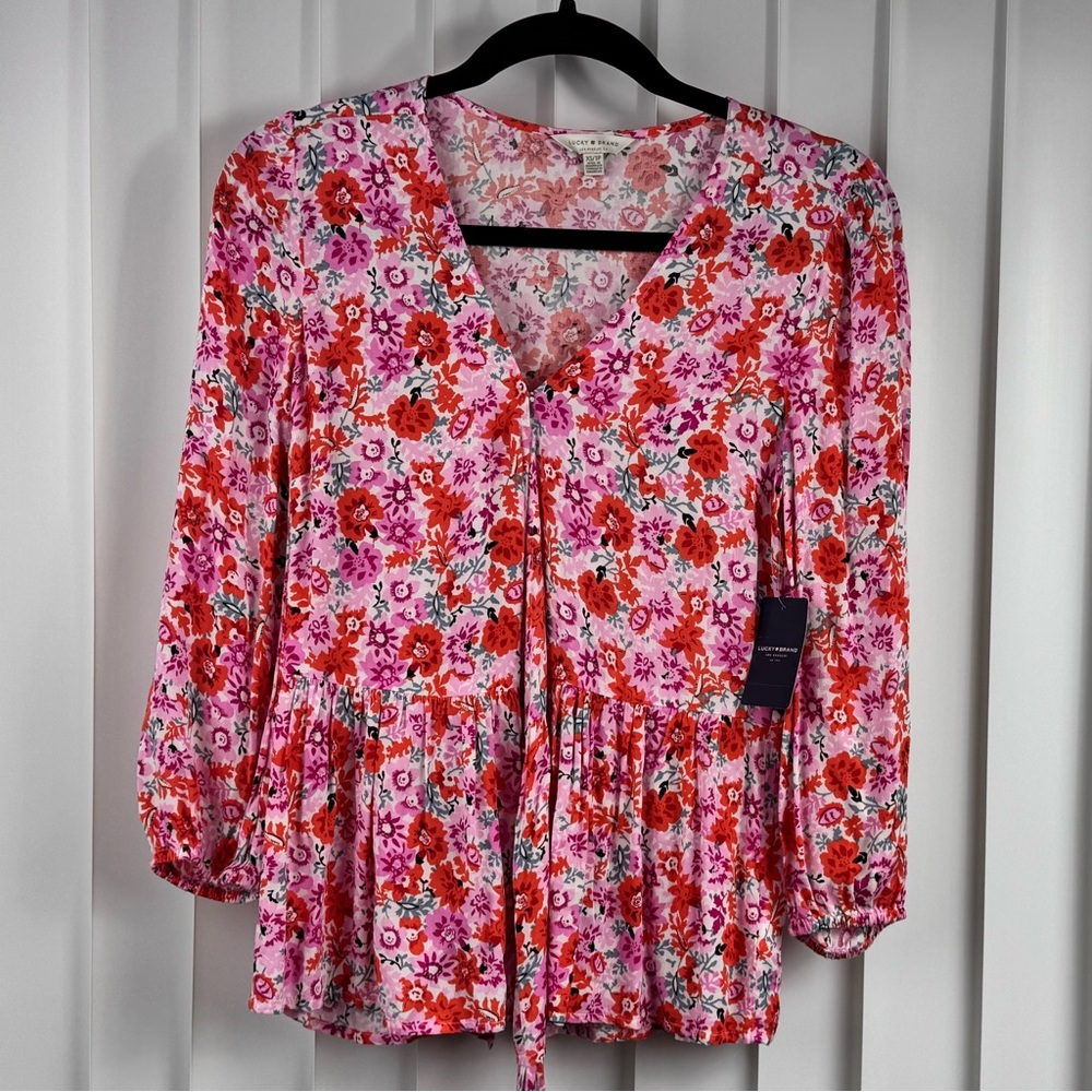 Lucky Brand Pink & Coral Floral Peplum Tie-Front Waist Blouse NWT - Picture 2 of 11
